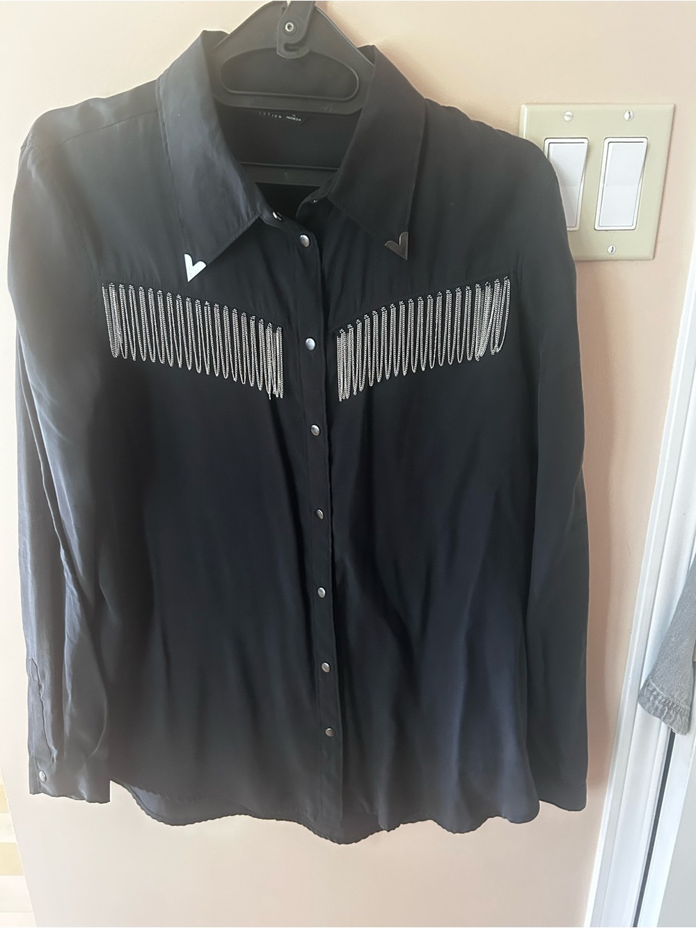 Zara Black Button-Front Shirt with Silver Chain Fringe